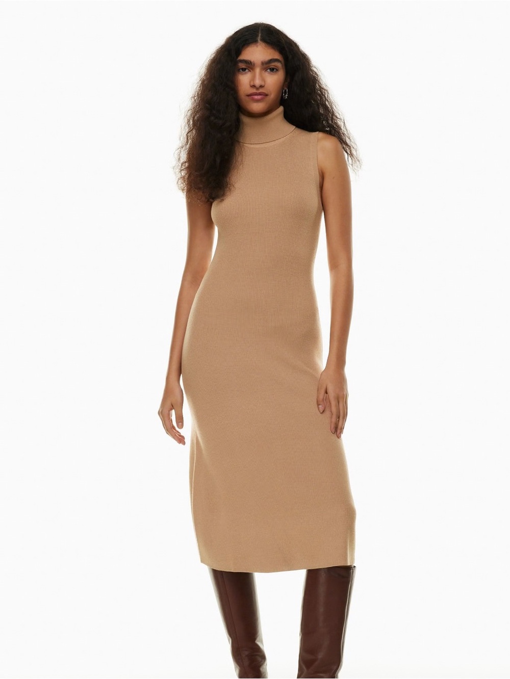 Aritzia Wilfred Sz XS Mimi Tan Minimalist Turtleneck Sleeveless Midi Dress